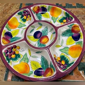 Clay Art giant size (approx. 19"across) serving tray. Hand-painted fruit pattern